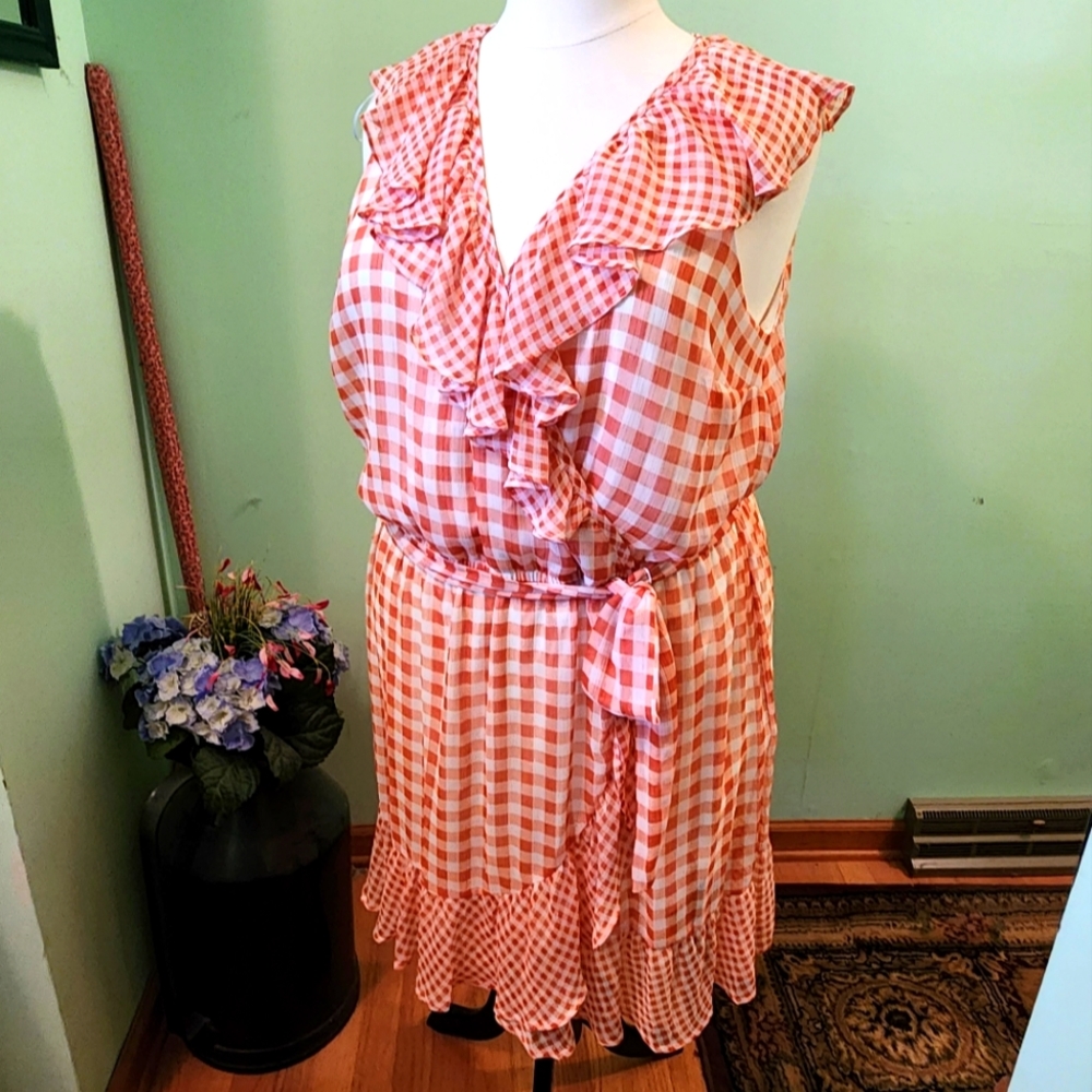 NWT Lauren Conrad Plus Size 2x Orange and White Faux Wrap Checkered Dress